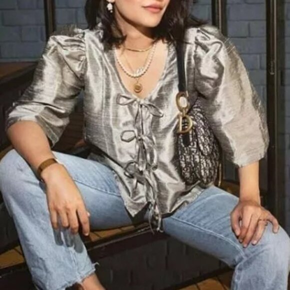 Maison Cleo Silver Silk Blouse Size S/M/L - Picture 5 of 13